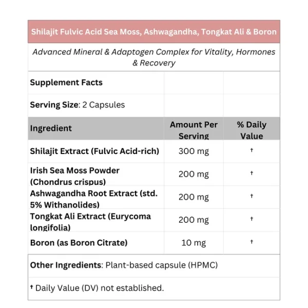 Shilajit Fulvic Acid + Sea Moss, Ashwagandha, Tongkat Ali & Boron – 500 mg - Image 2