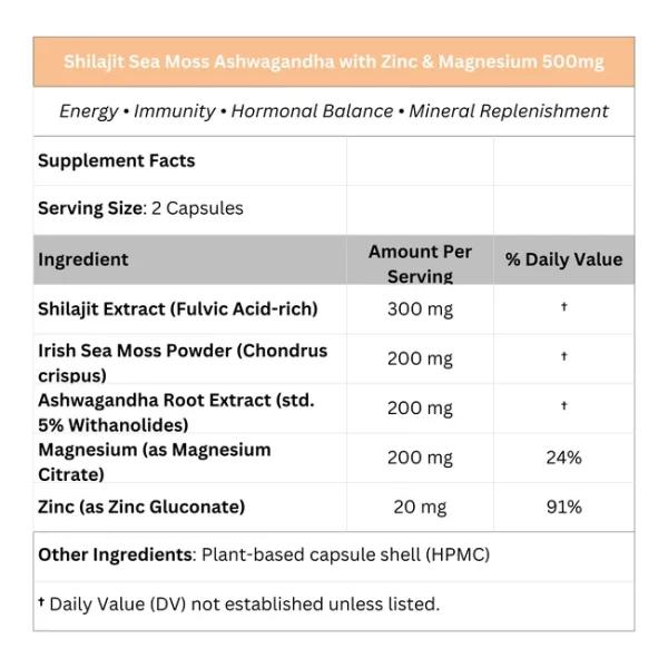 Shilajit + Sea Moss + Ashwagandha with Zinc & Magnesium – 500 mg - Image 2